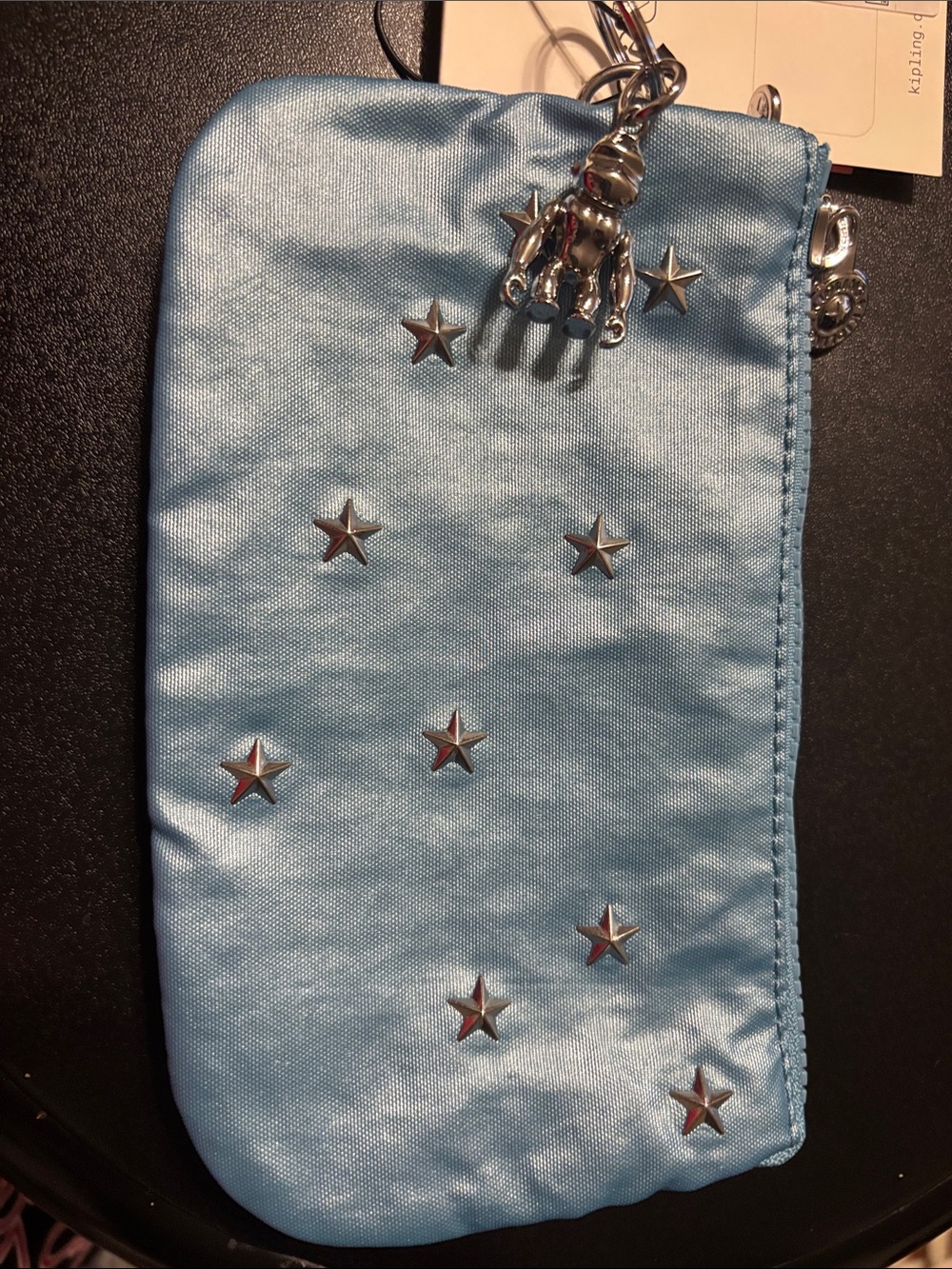 Kipling Light Blue Wristlet With Silver Stars Silver Monkey Keychain Purse Charm